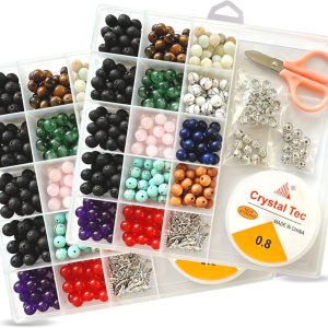 natural stone beads jewelry making kit – gemstone beads, spacer beads,charms, elastic string & tools – complete set in storage box